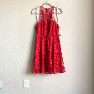NWT Db Studio David’s Bridal Illusion Halter A Line Dress Red Lace